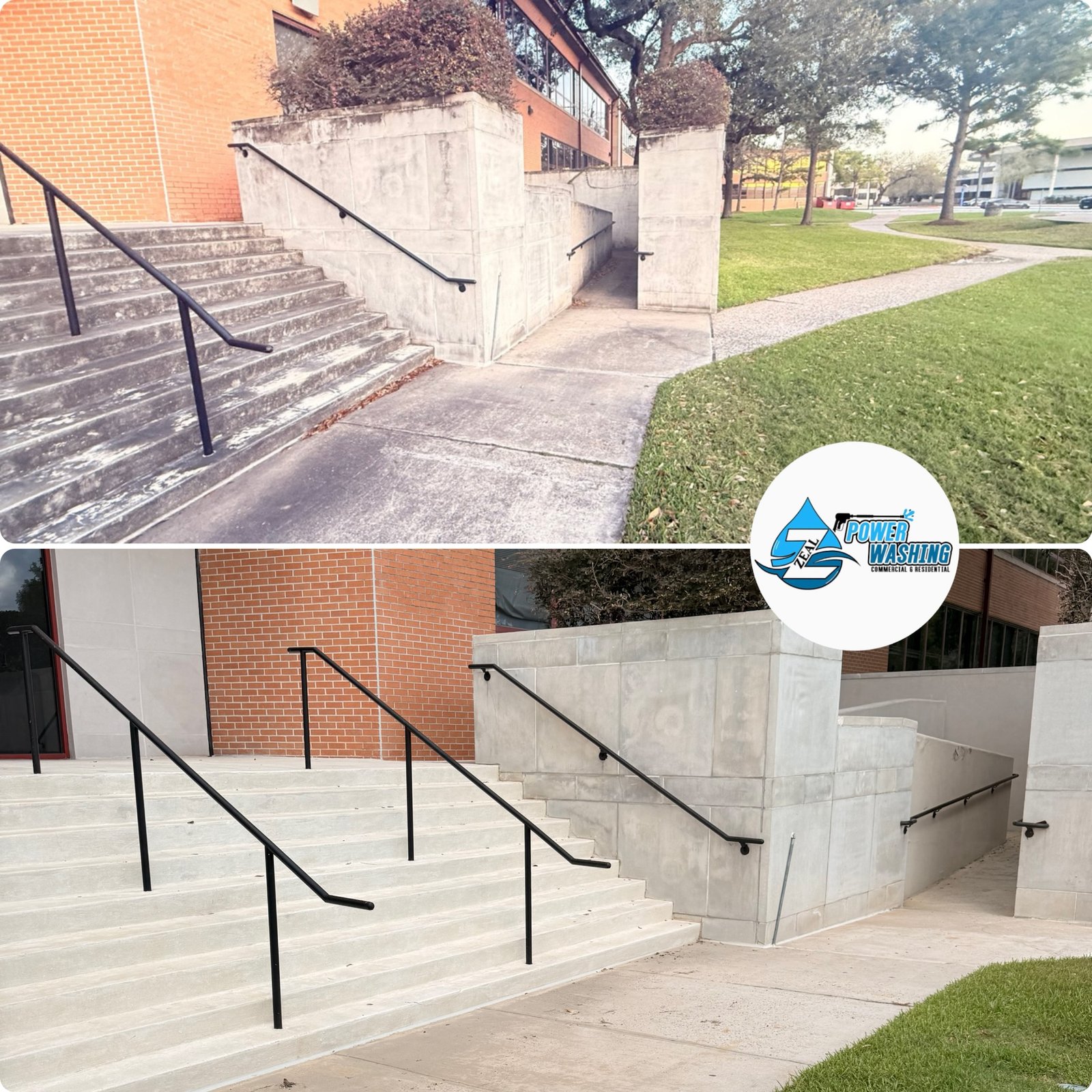 Before and after photo of professional concrete cleaning on campus stairs at Texas Southern University