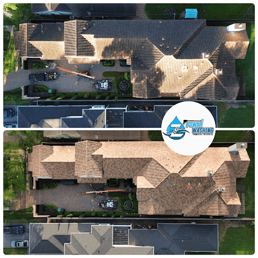 Aerial before and after roof washing comparison by Power Washing Genie highlighting professional residential roof cleaning results and improved curb appeal.