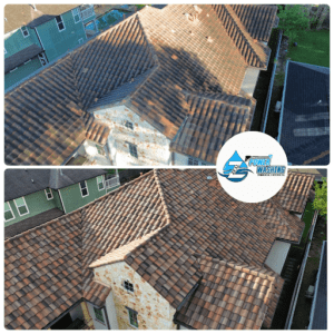 Aerial before and after roof washing comparison by Power Washing Genie highlighting professional residential roof cleaning results and improved curb appeal.
