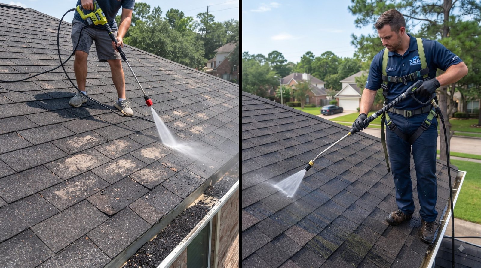 A comparison of high pressure washing on the left vs soft washing of roofs on the right