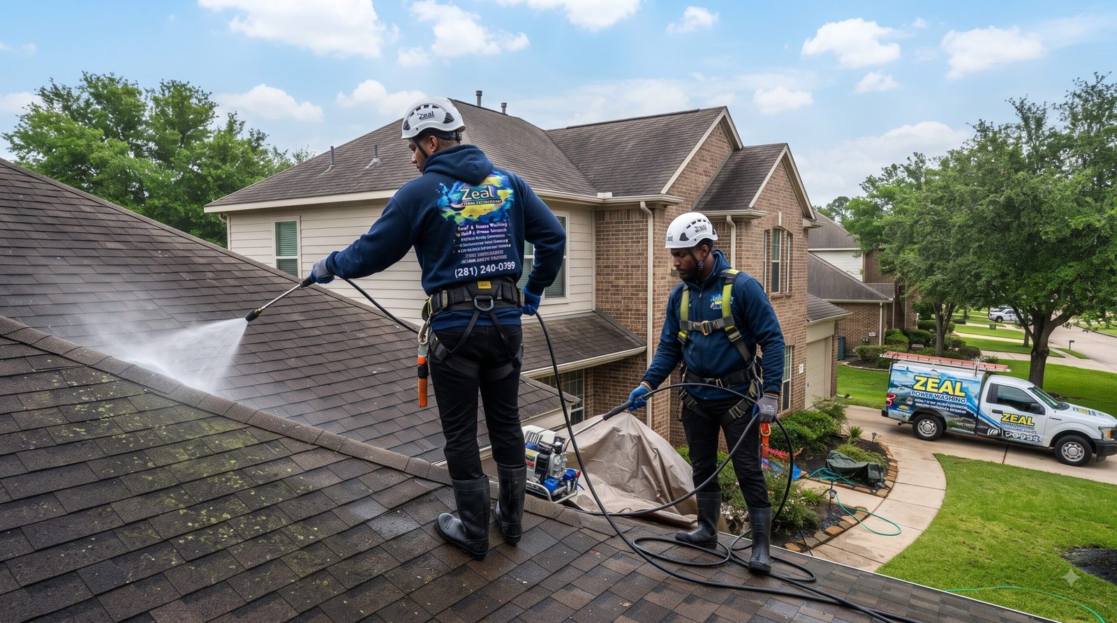 A crew soft washing a roof in Houston